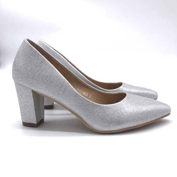Shoes - Dread Shoe Silver Chunky Heel Closed Pointed Toe